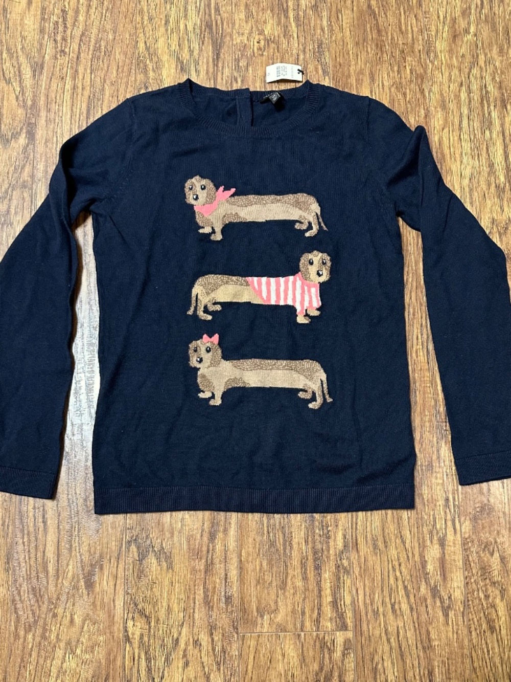 Talbots Women's Lightweight Crew Sweater Dachshund Navy Blue Size XS